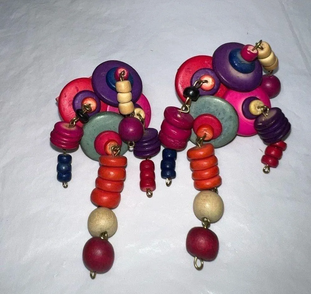 Vintage Tribal Painted Wood Earrings Three Strand Dangle Clip Pink - Image 3