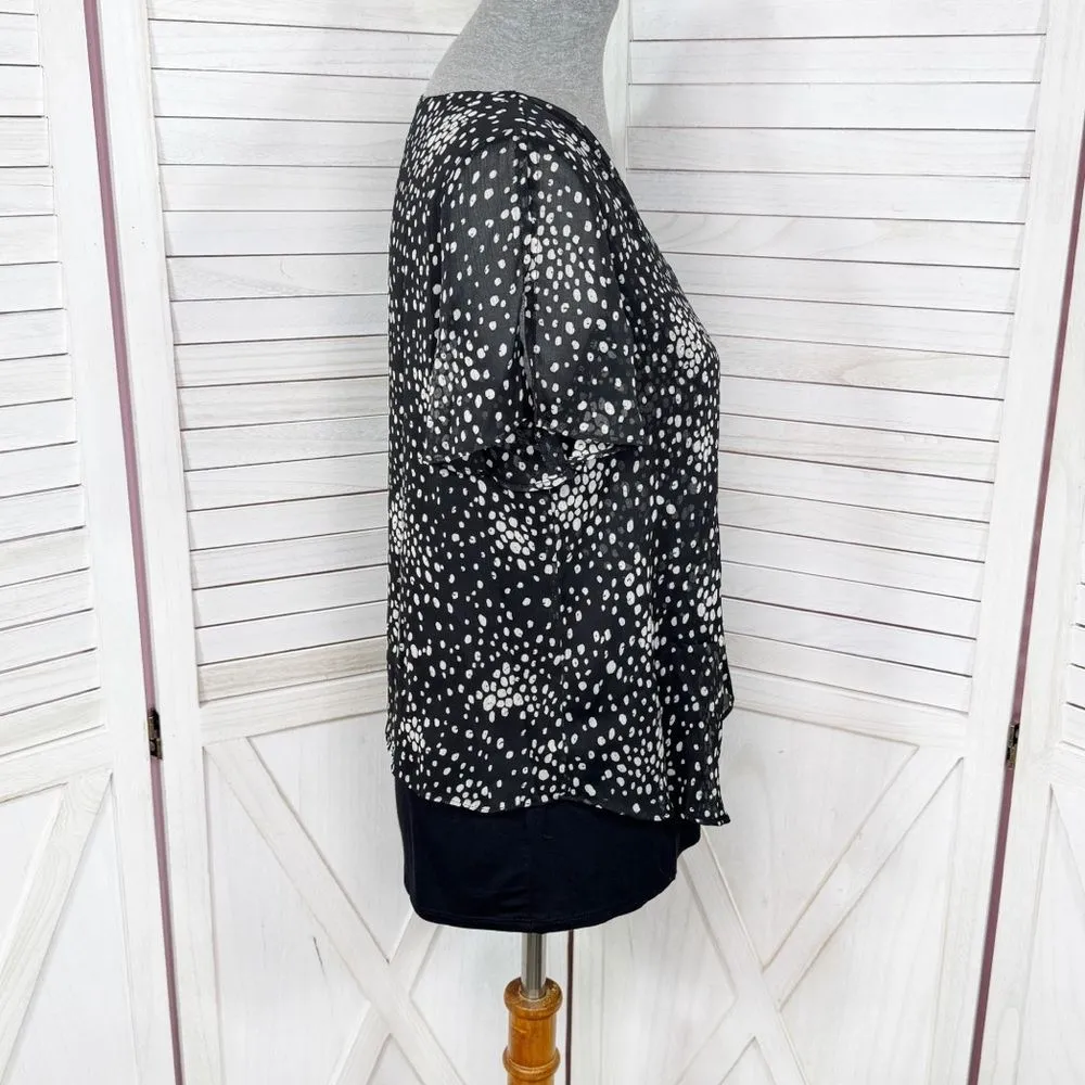 Apt. 9 Polka Dot Tiered Layers Split Flutter Sleeve Top Blouse Black White Small - Image 3