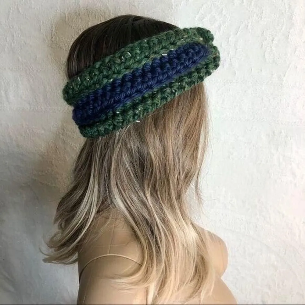 Wool Green and Navy Crochet Twist Ear Warmer Headband - Image 3
