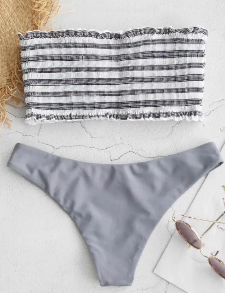 Zaful Striped Smocked Bandeau Bikini Set - Image 2