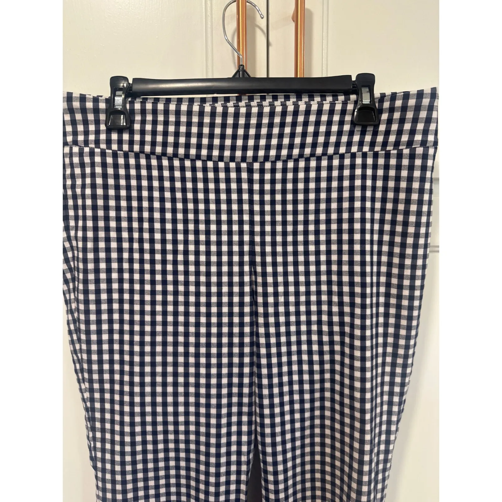 J McLaughlin Gingham Check Flare Leg Pants Navy White Size 12 casual boho women - Image 2