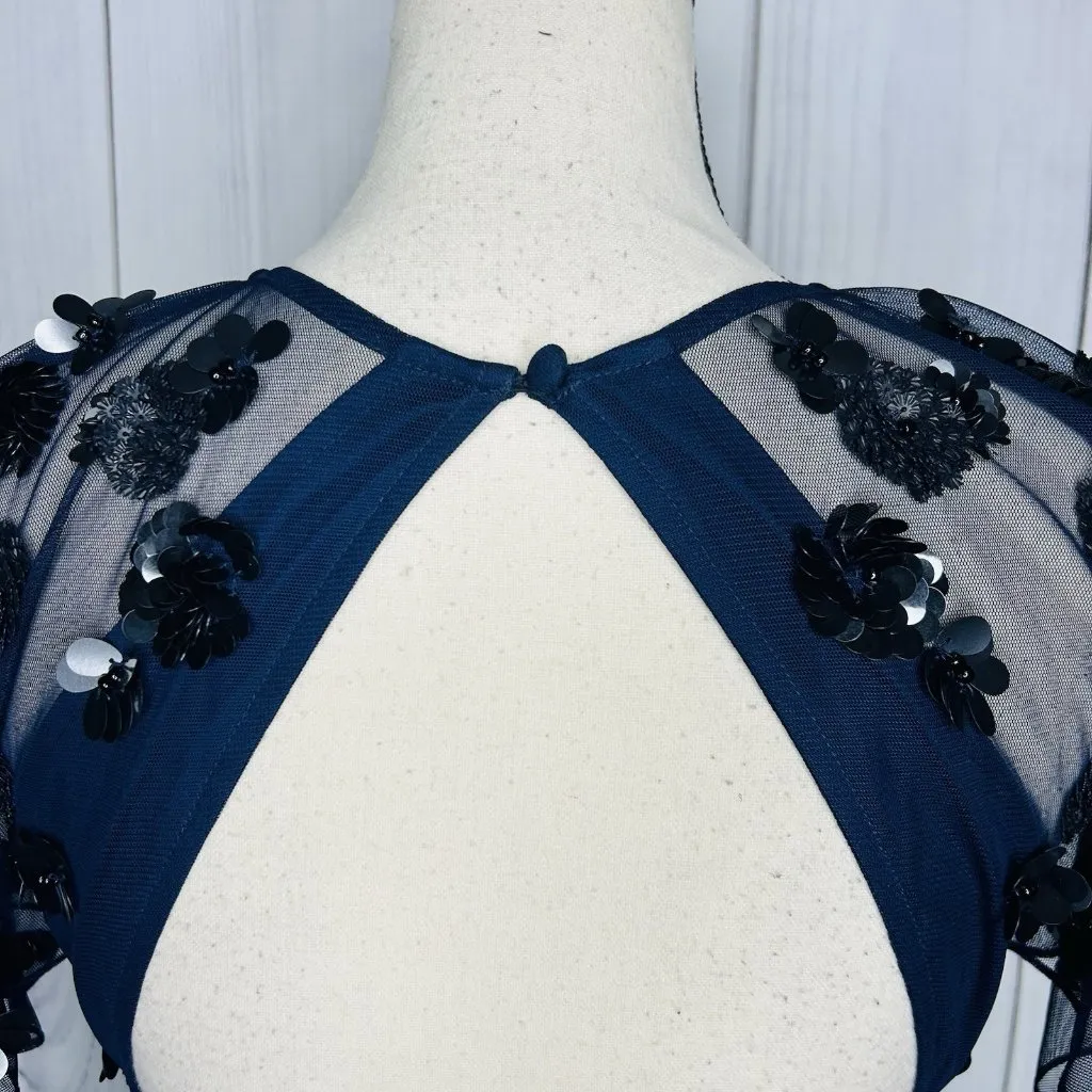 Gianni Bini A-Line Flare Dress Navy Sequin Mesh Tulle Open Back Sz 6 - Image 12