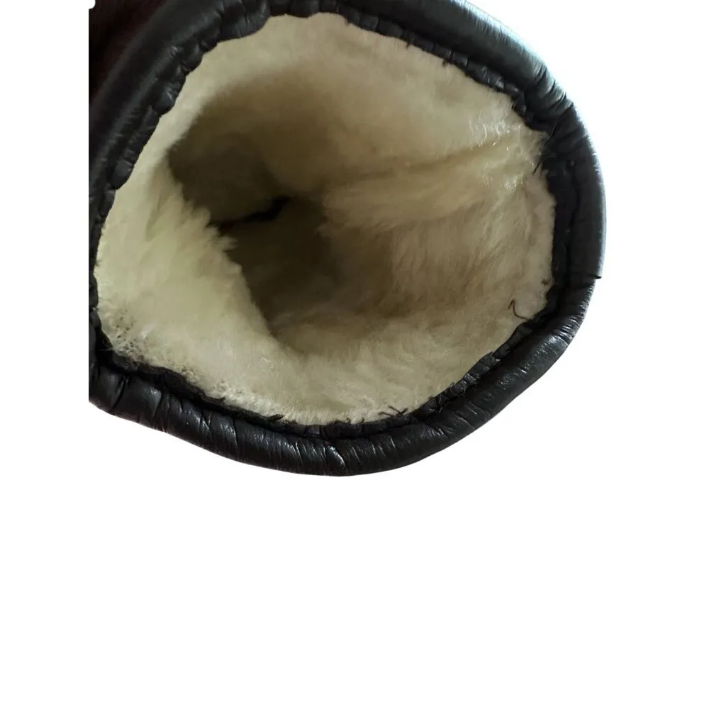 Brown Faux Leather Green Knit Accent Gloves Adjustable Strap FAux Fur Lined S/M - Image 3