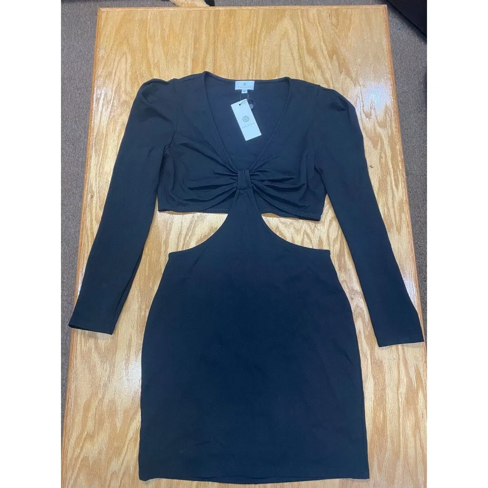 Socialite Dress Womens Large Black Bodycon Cut Out Knot Strech Long Sleeve B35.2 - Image 4