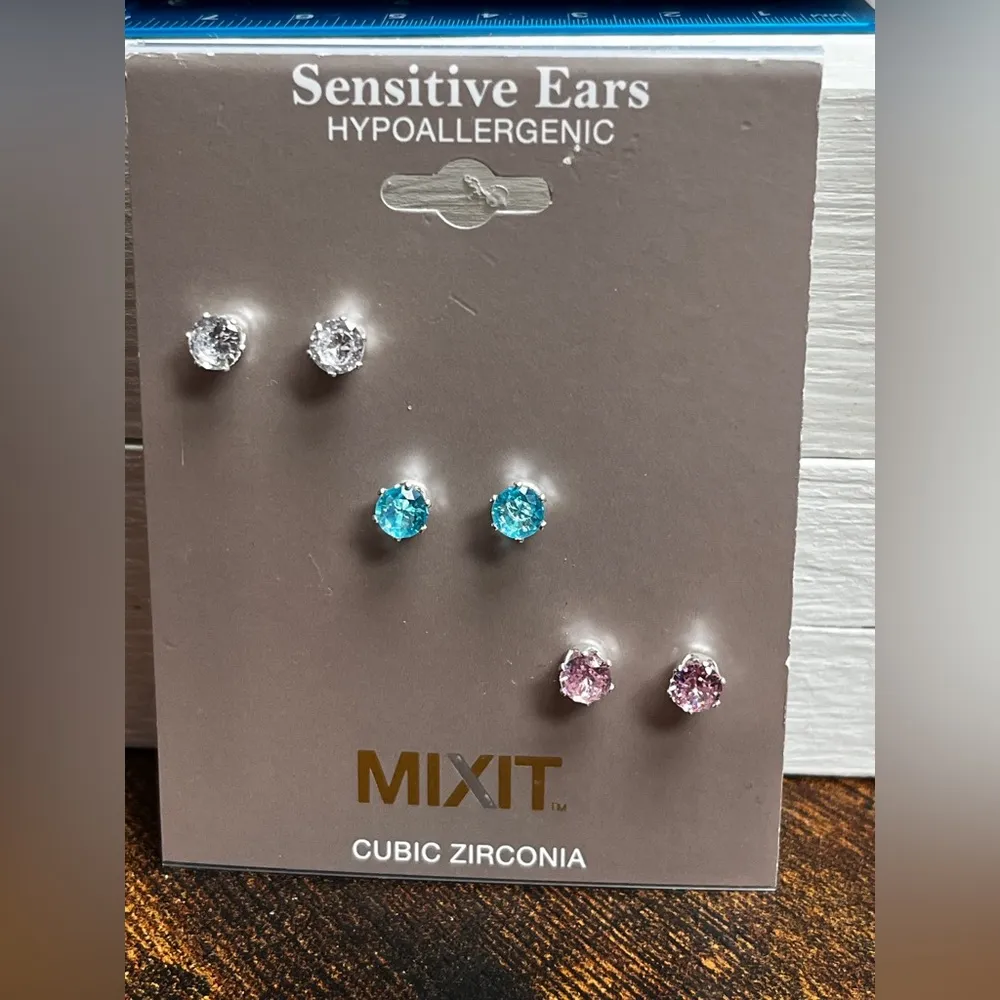 Mixit Cubic Zirconia Stud Earrings Set - Silver, Blue, Pink - Image 2