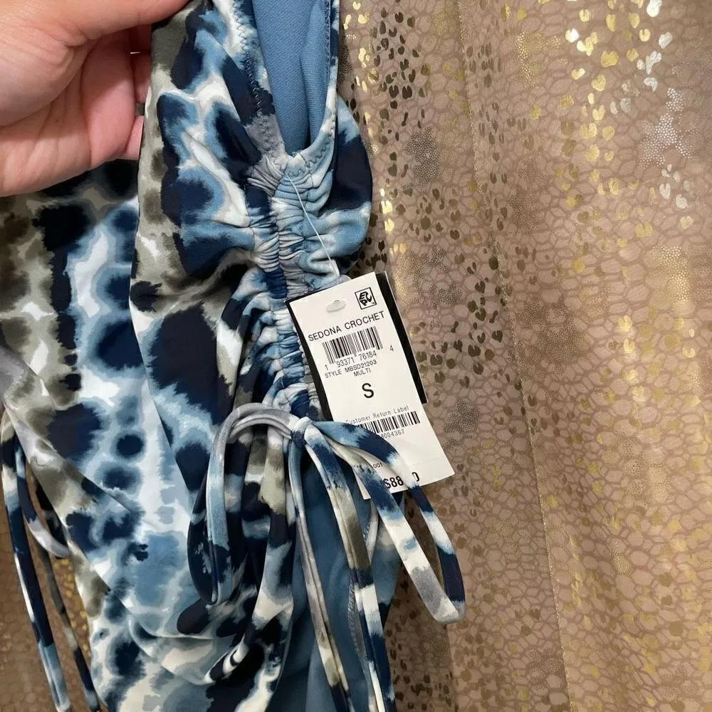 Bar III Blue Gray Tie Dye Shirred-Side One piece Swimsuit, S NWT - Image 3