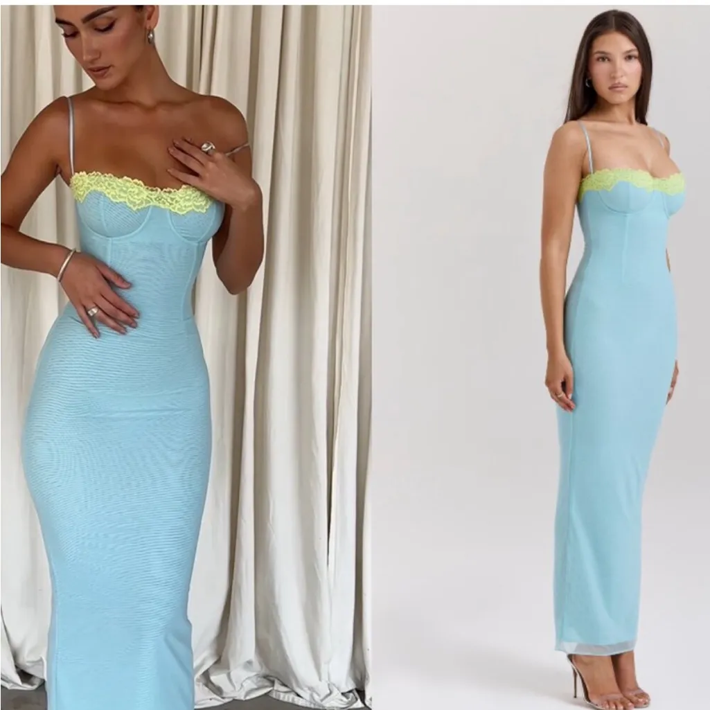 HOUSE OF CB 'Aiza' Ocean Blue Contrast Lace Maxi Dress NWOT‎ Size L - Image 7