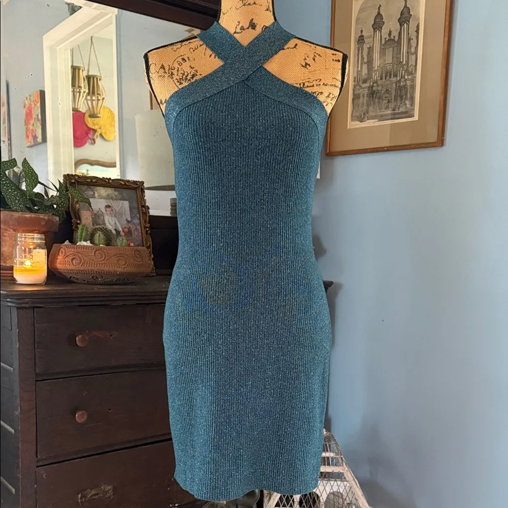 Sincerely Jules Teal Green Ribbed Metallic Knit Halter Dress NWT Blue Size M - Image 11