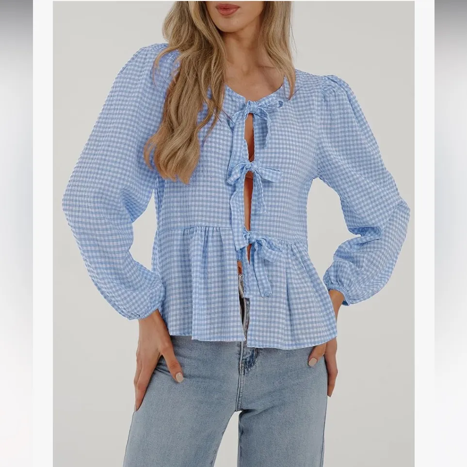 NWOT PRETTYGARDEN Babydoll Peplum Blouse Shirt Puff Long Sleeve Bow Tie Front XL - Image 4