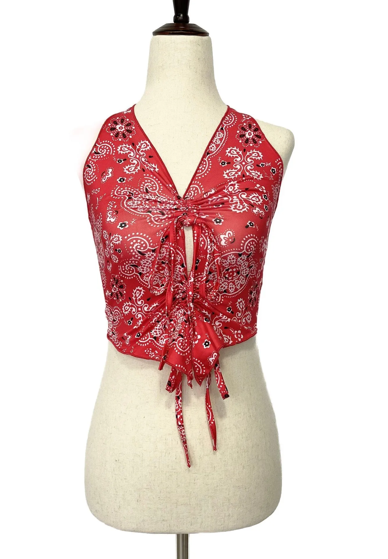 Red Paisley Sleeveless Sexy Crop Top - Image 3