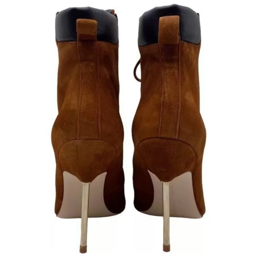 Good American Shoes Good American Brown Suede Booties Lace Up Stiletto Size 8.5 - Image 5
