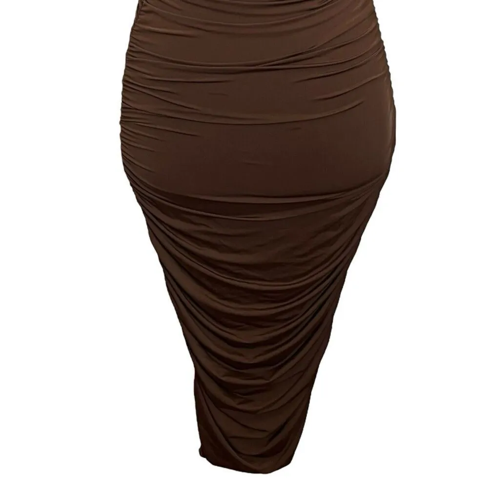 ZARA Strapless Ruched Bodycon Midi Dress Brown Jersey Women’s Size Small - Image 4