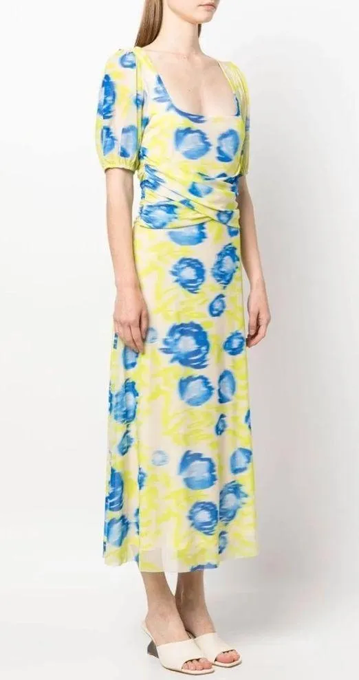 GANNI Crisscross Abstract-Printed Mesh Puff-Sleeve Midi Dress New w/Tag $445 - Image 5