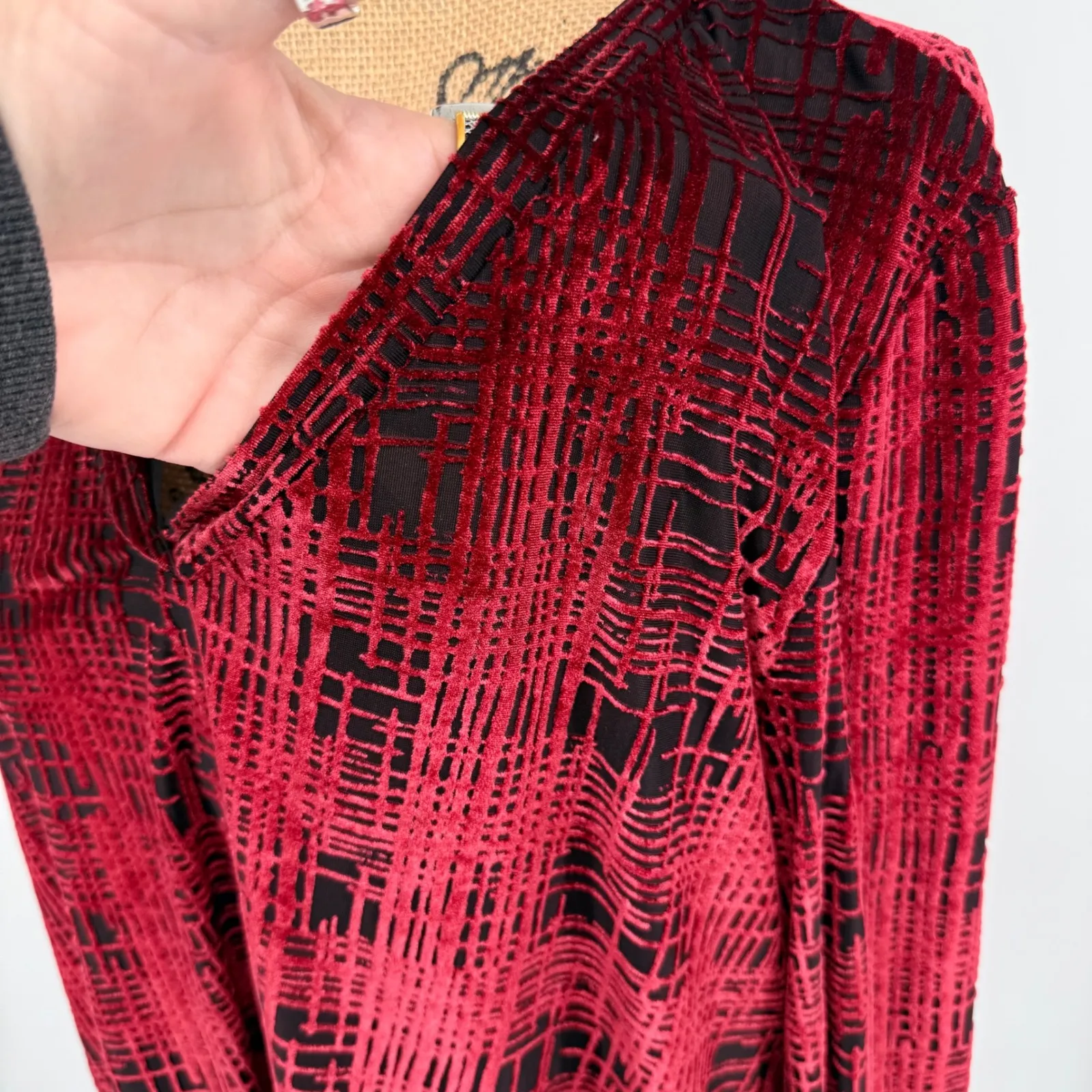 Simply Vera Vera Wang Velvet Burnout Red Black Sheer Hem Tunic Top XL Event Dark - Image 5