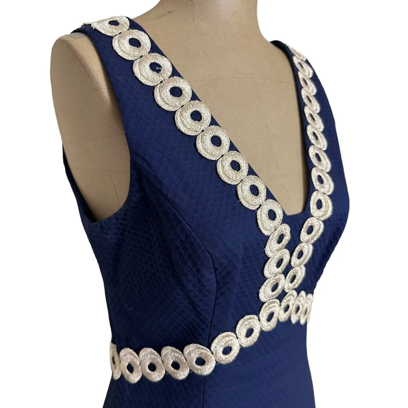Lilly Pulitzer Mini Dress Gold Embroidered Trim Navy Blue Textured Cotton 0 - Image 5