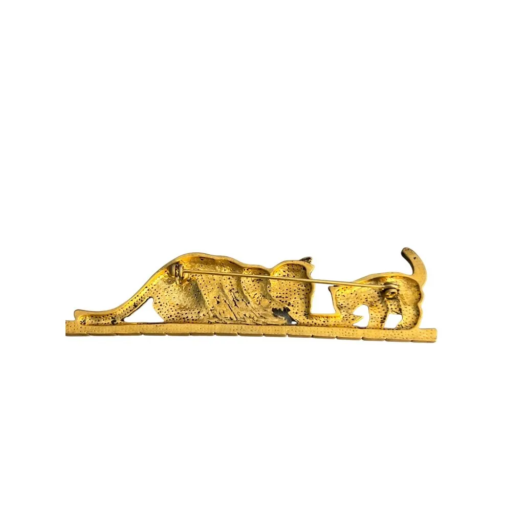 Vintage Gold Tone Brooch Pin Mother Cat Kitten Eating Bowl Estate 3.5" NWOT - Image 4