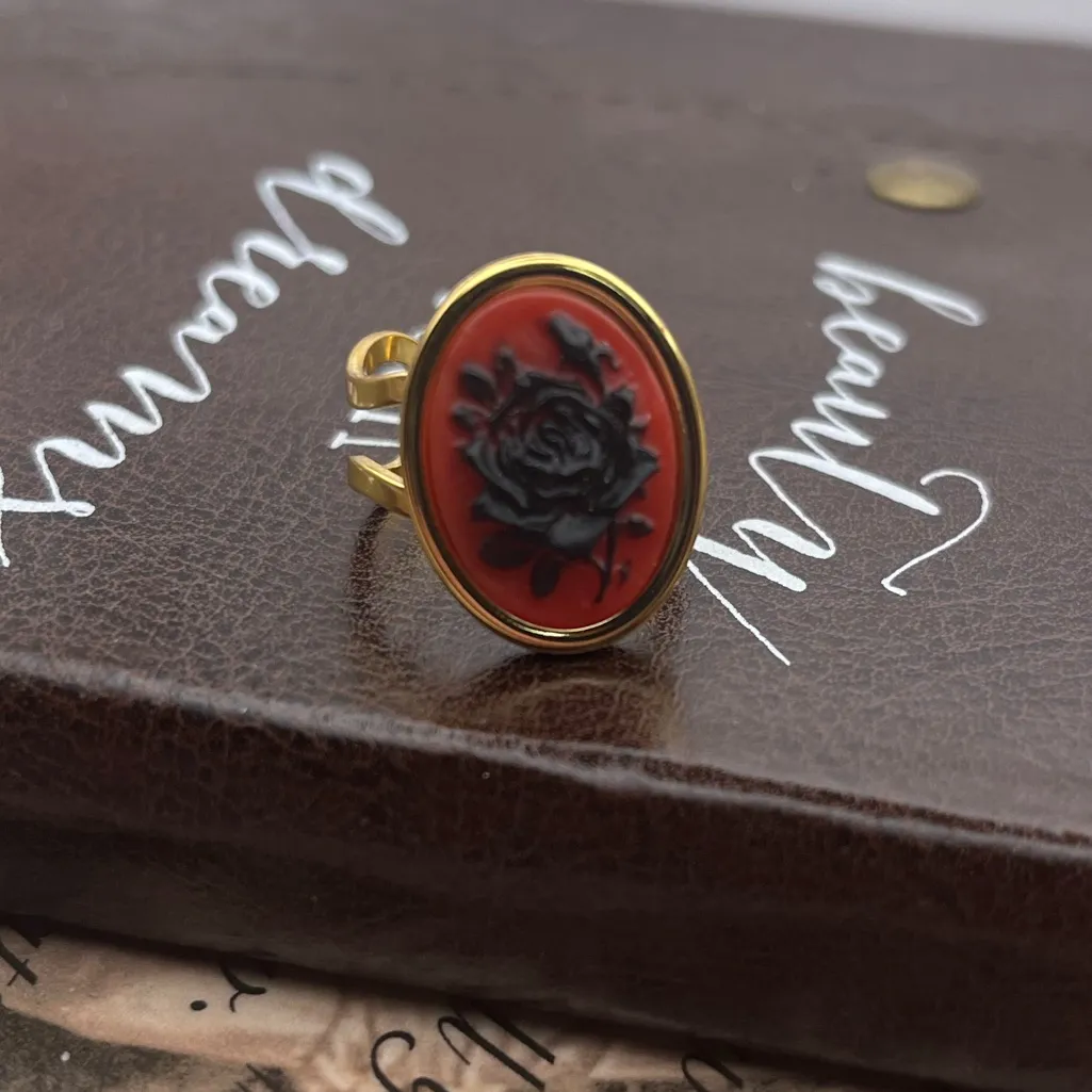 Handmade Black Rose Cameo Ring Adjustable - Image 6