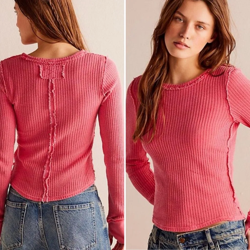 FREE PEOPLE We The Free Roll With It Thermal Top Ribbed Distressed Pink Size L - Image 2
