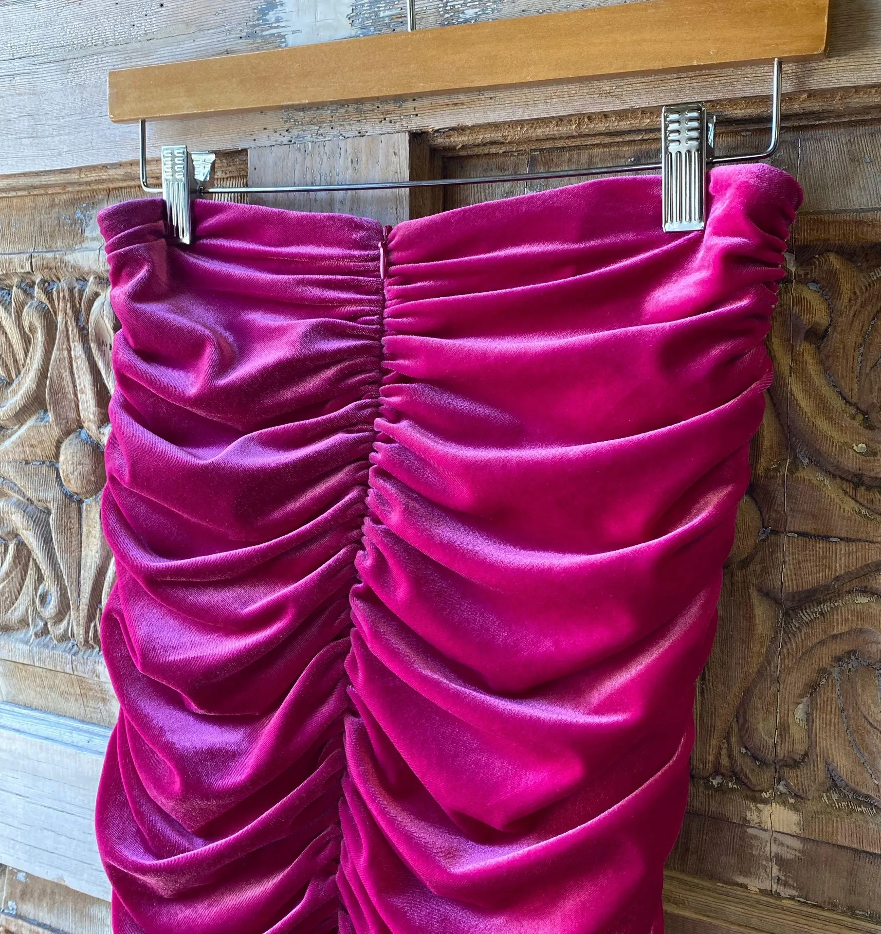 Pink Velvet Draped Ruched Mini Skirt Fuchsia Stretch Velour Size S - Image 4