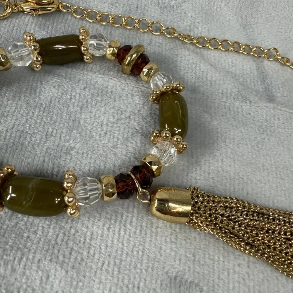 Gold Tone Chain Necklace Dark & Clear Beads Gold Tassel Pendant Long Length - Image 8