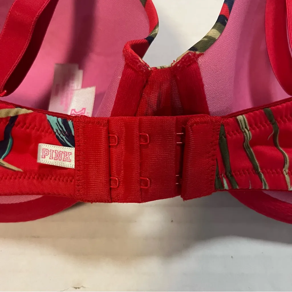 VS PINK Bra Wear Everywhere T-Shirt Lightly Lined Bra Red Palms Sz 34DD EUC - Image 5