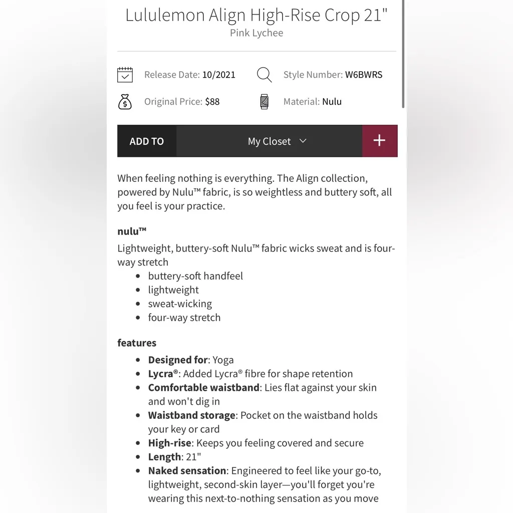 Lululemon Align High Rise Crop 21” Pink Lychee Size 8 - Image 4