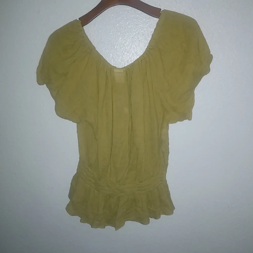 Newport News 1X Cotton Short Sleeved Mustard Drawstring Neck Peasant Crop Top - Image 6