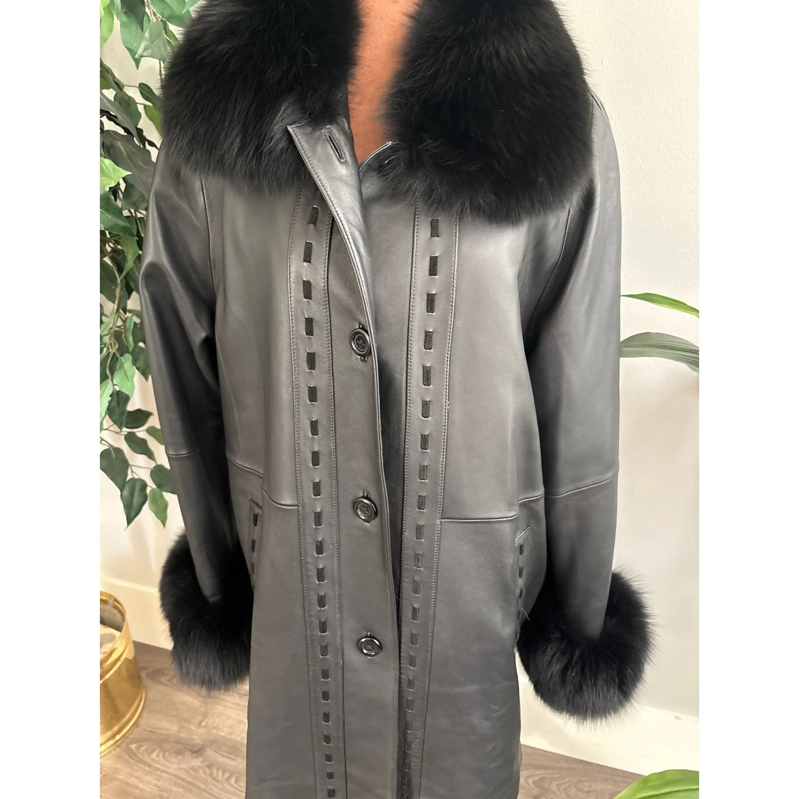 Vintage High End Black Leather Long Coat Real Fox Collar & Wrist Women Med - Image 2