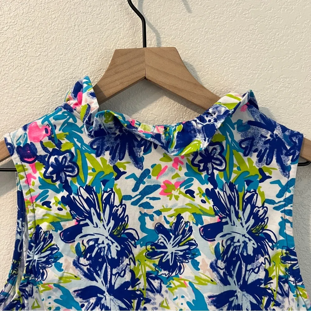 Beach Time Size S Vibrant Multicolor Abstract Floral Print Ruffle Split Neck Top Blue - Image 5