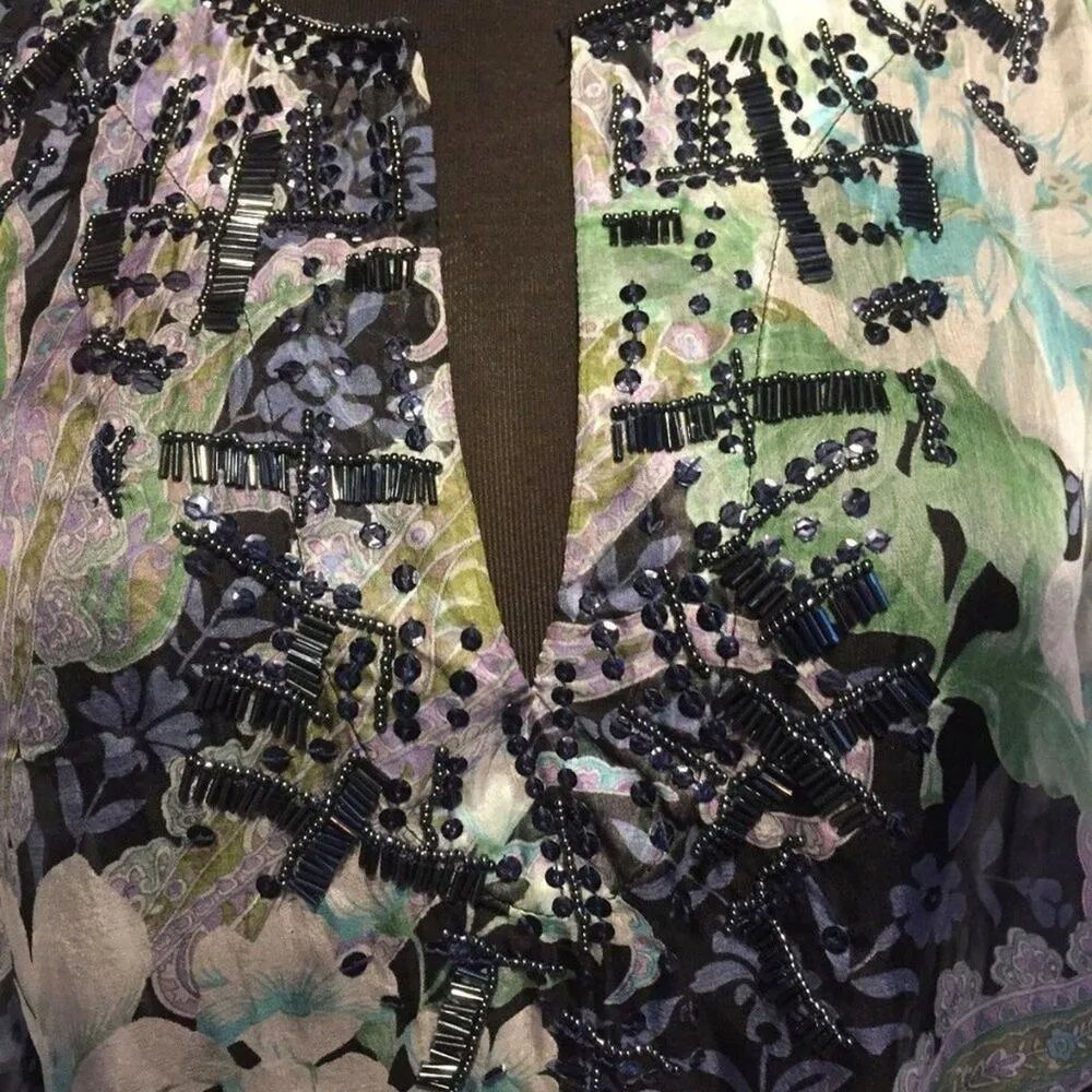 Cache Embellished Peasant Boho Sheer Illusion Drawstring Top Silk $128 NWT - Image 3