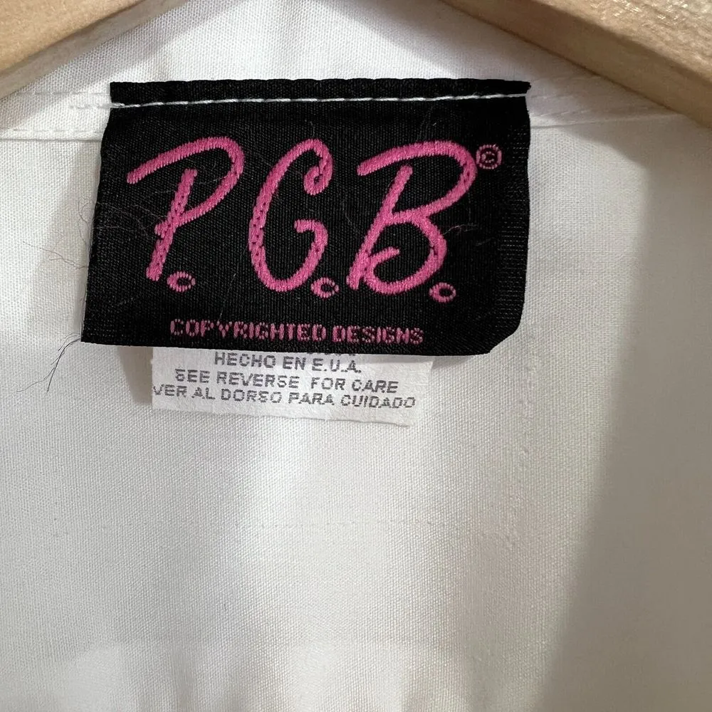 Vtg PGB Button Down Shirt Women XL White/Gold Studs Jaguar Embroidery Pocket USA - Image 3