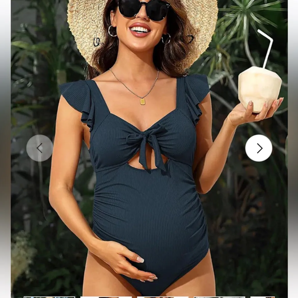 Charmo Ribbed Cut Out Ruched Pregnancy One Piece Swimsuit Ruffles and Ties UPF50 Blue Size undefined - Image 14