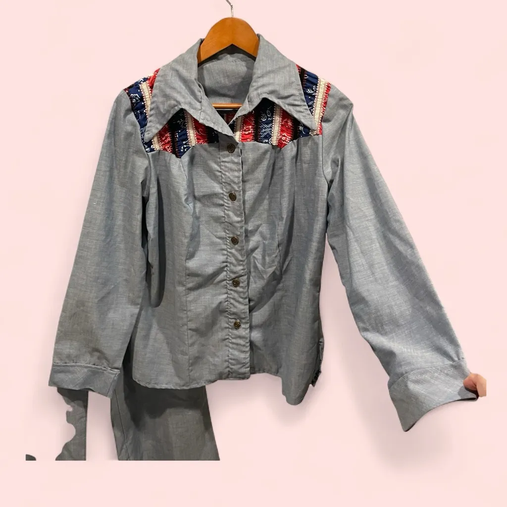 Vintage 70’s 2 piece butterfly collar handmade shirt and pull on bellbottoms set - Image 3