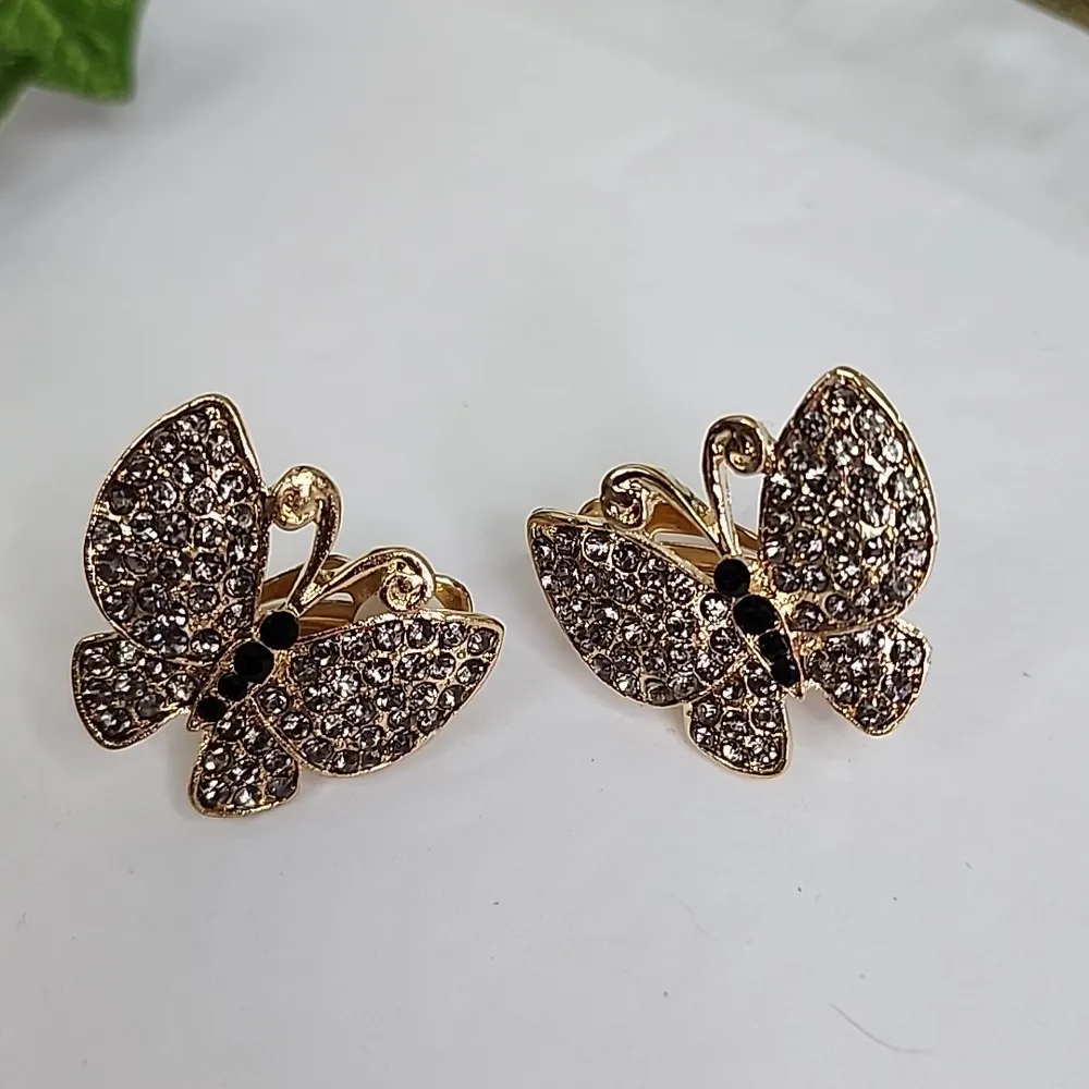 Clip On Gold with Crystal Rhinestones Butterfly Earrings - Image 2