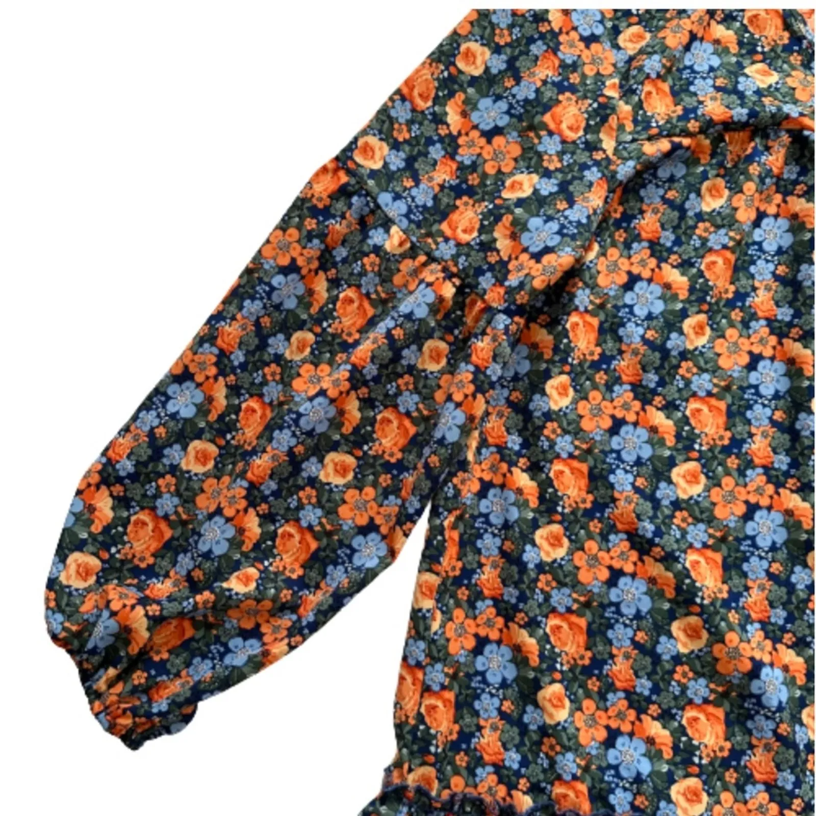 Kirundo Dress Floral Print Long Sleeve Tie Neck Ruffle Boho Swing Mini Large Orange - Image 9