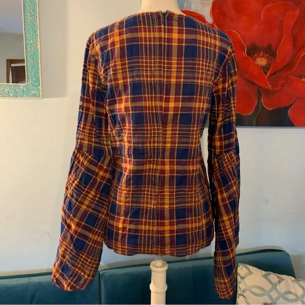 English Factory Plaid Cotton Oyster-Sleeve Top Multi Sz XS $65 - Image 6