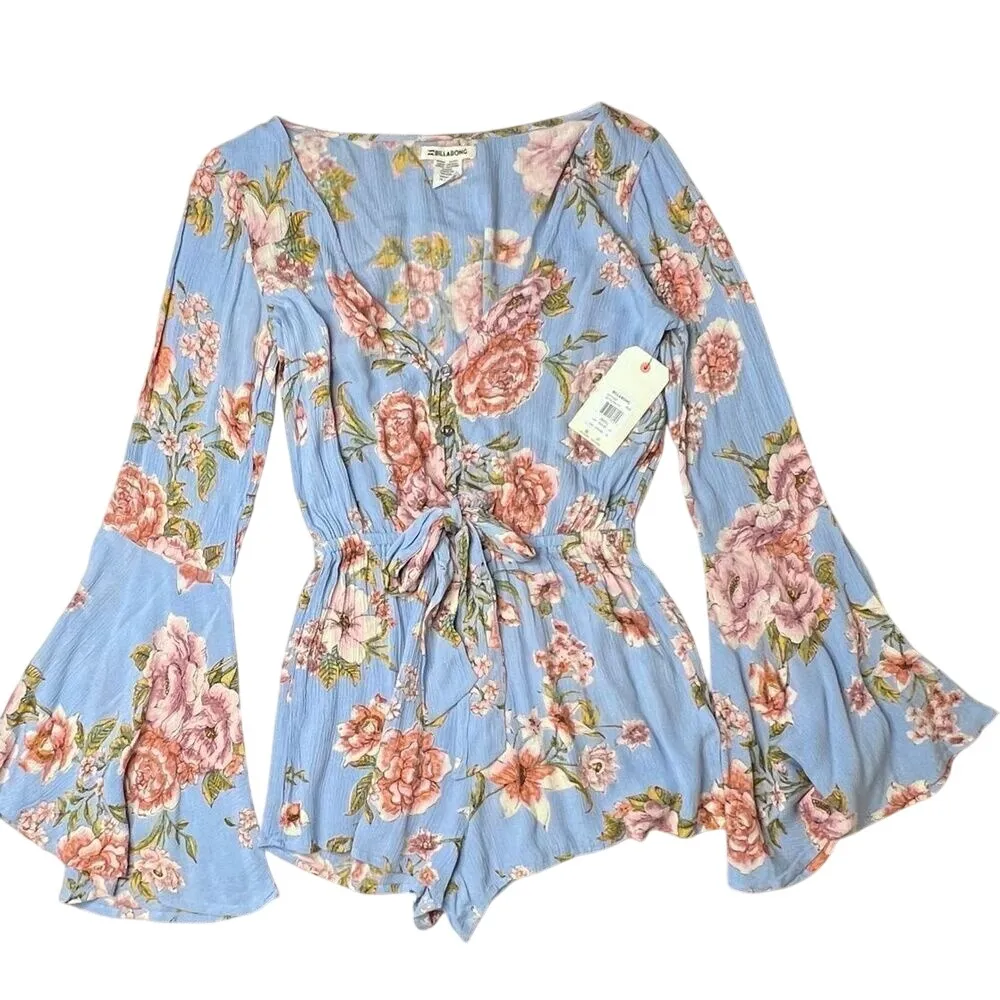 Billabong Sittin Pretty‎ Blue Floral Romantic Romper SMALL Boho Cottagecore NWT - Image 3