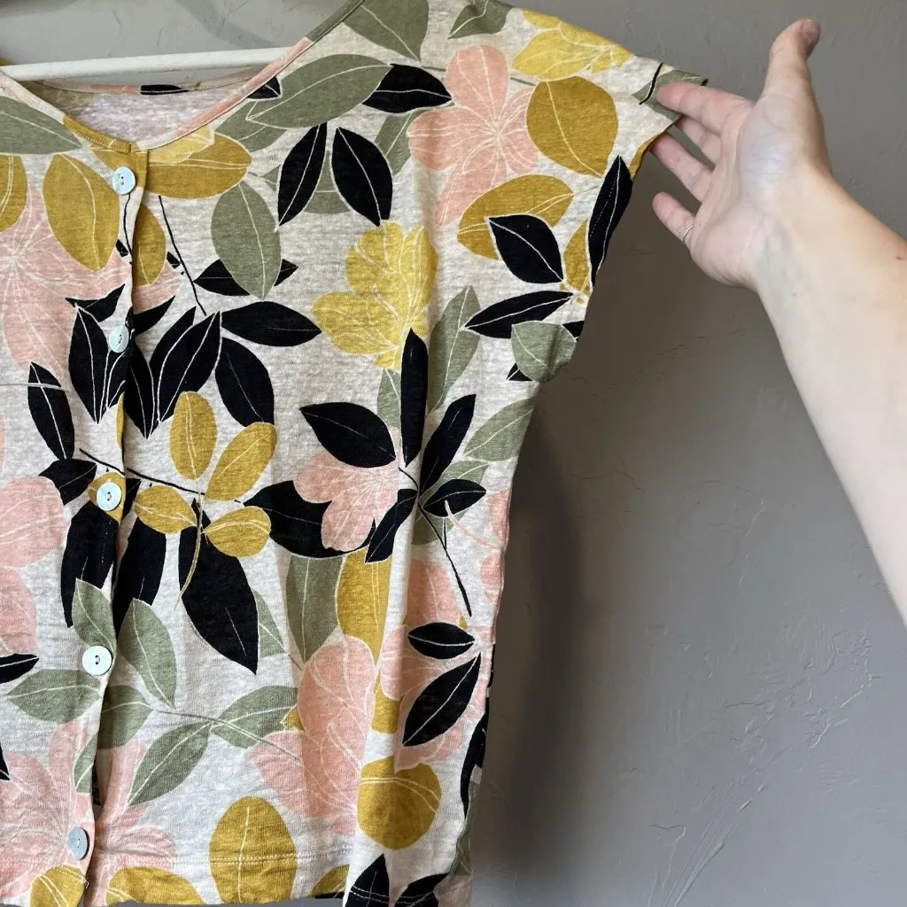 Linen Top Floral Costal Resort Vacation Beach Lagenlook Tropical Art Wear Boho M - Image 7