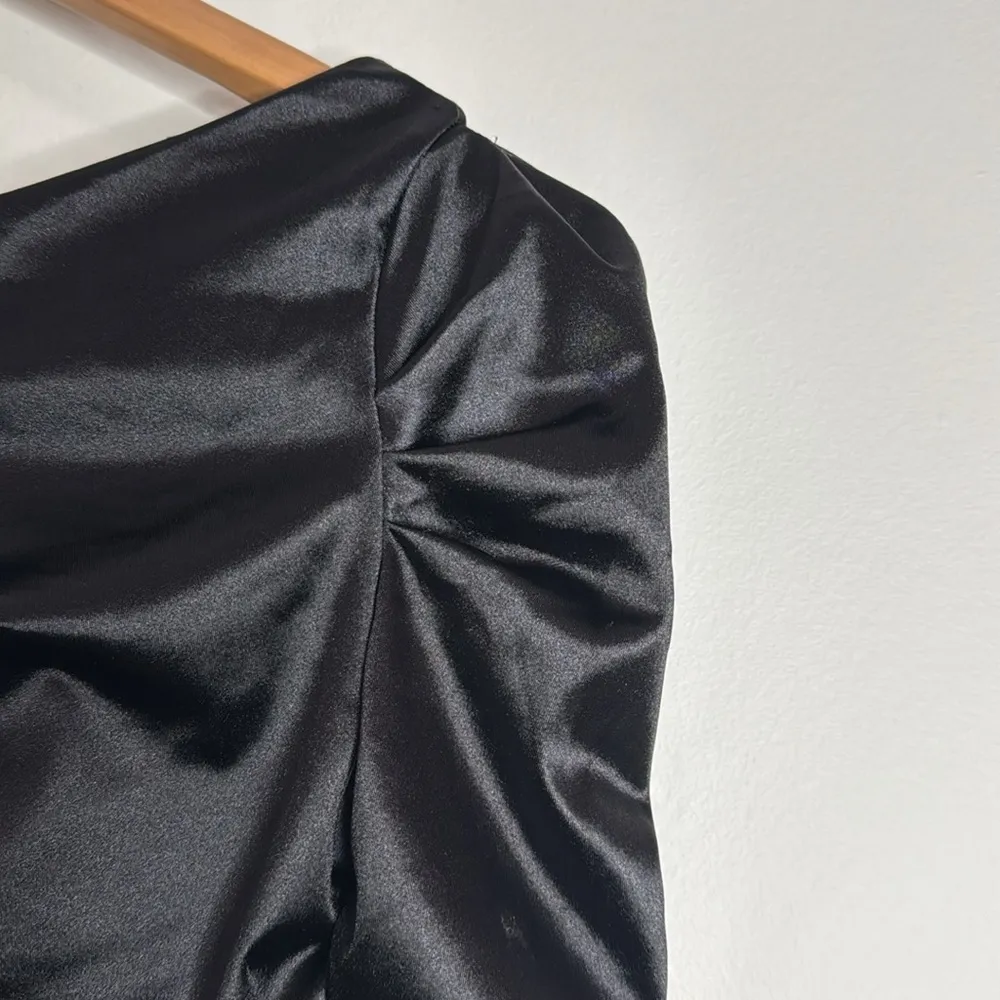 H&M Satin Black Puff Long Sleeve Ruched Gathered Boatneck Party top Size S - Image 7