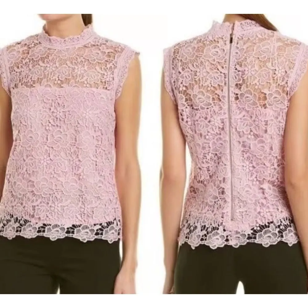 Nanette Lepore Medium Pink Floral Lace Mock‎ Neck Sleeveless Top Scalloped Hem - Image 2