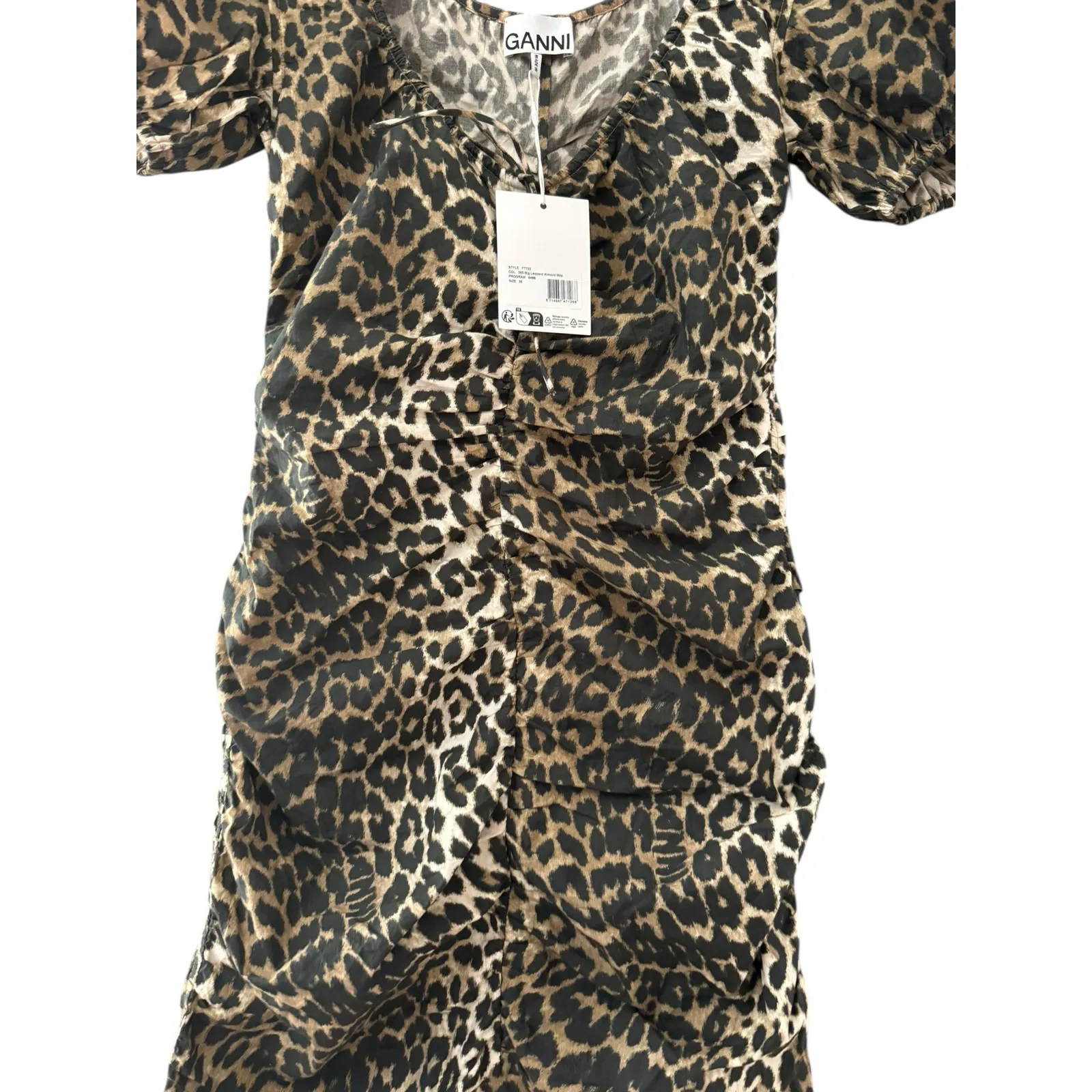 GANNI Printed Cotton Gathered‎ Ruched Mini Dress Big Leopard Almond Milk Size 36 - Image 6