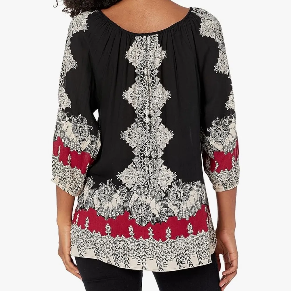 Angie Boho Patterned Blouse Top Shirt NWT Small Black Red Cream - Image 2