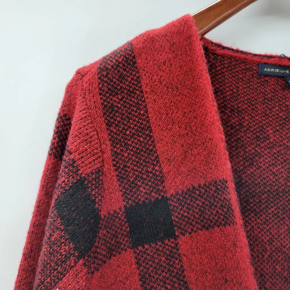 Adrienne Vittadini Womens Sweater Medium Red Plaid Cardigan Fringe Open Front - Image 7