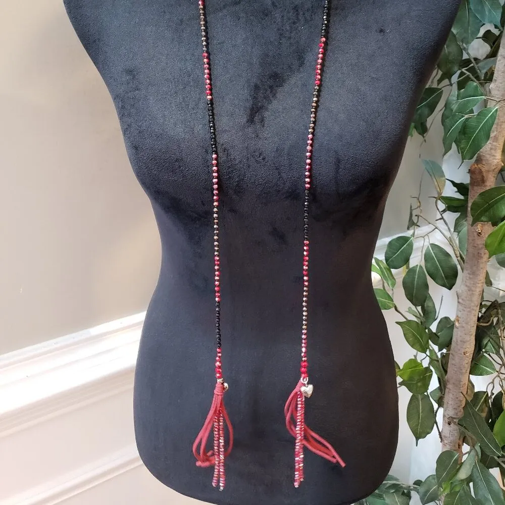 Womens Fashion Red Black Faceted Seed Beads Leather Cord Tassel Necklace Jewelry - Image 4