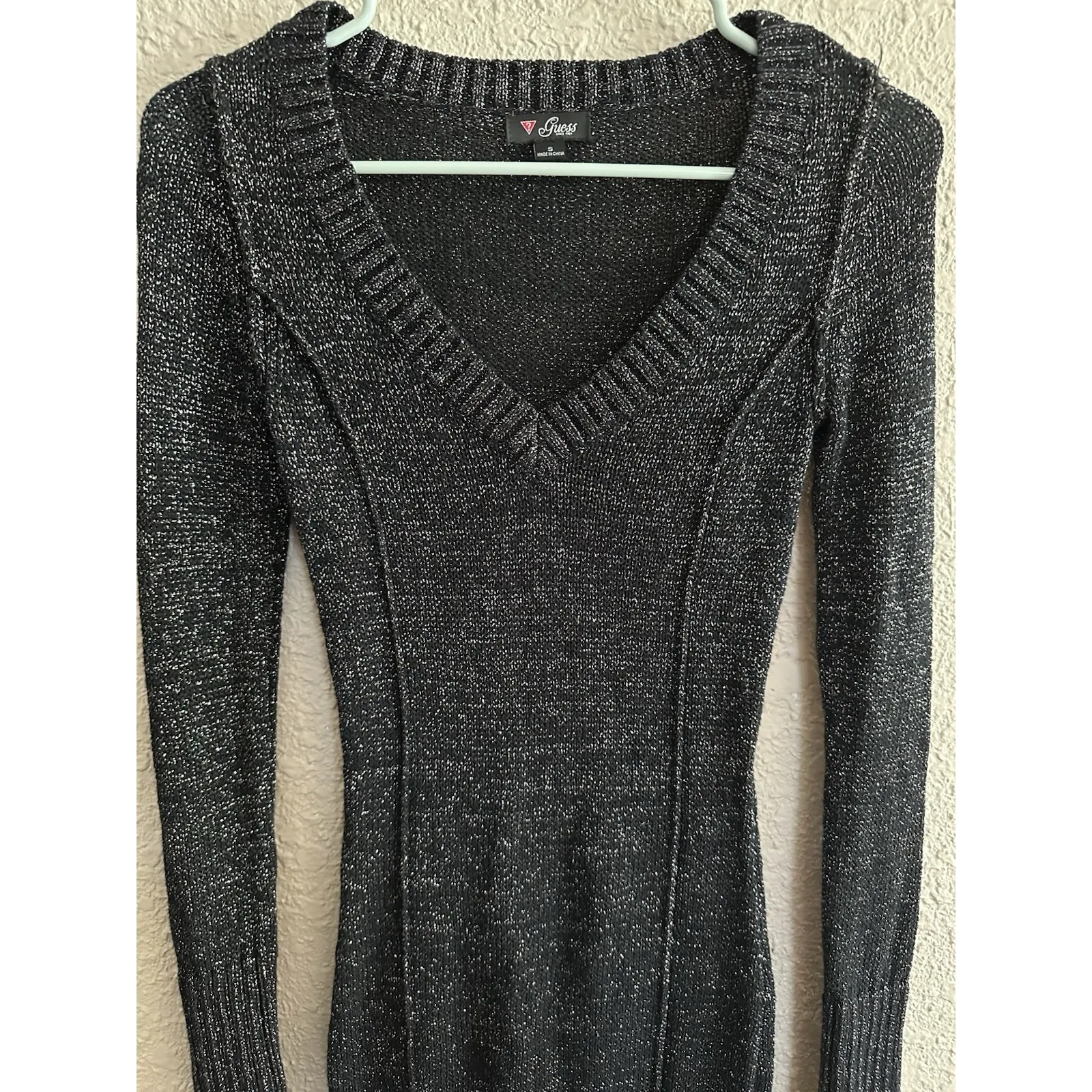 GUESS Long Sweater Womens Small Black Knit Metallic L/S V Neck Elena‎ Vamp - Image 3