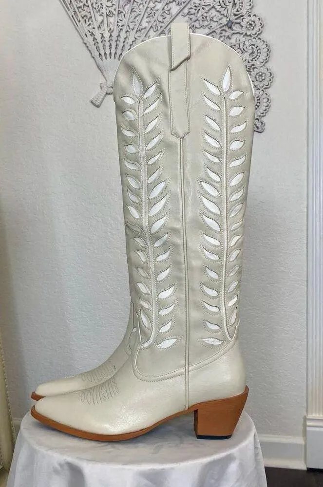 NIB Cream White Boho Western Cowboy Cowgirl Boots US 9 - Image 8