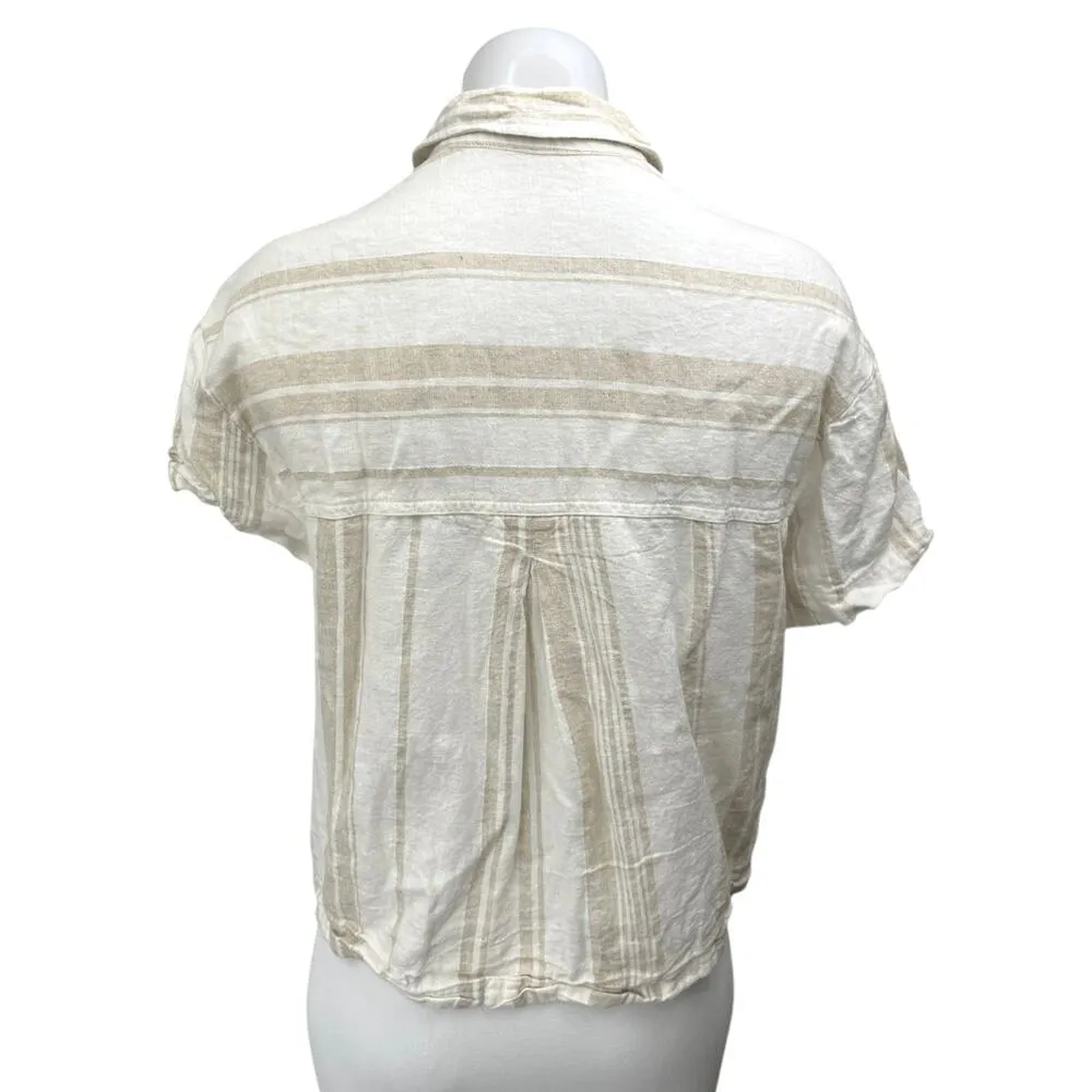 Madewell White Beige Linen Striped Pocket Cropped Button Down Shirt Top Size XS - Image 4