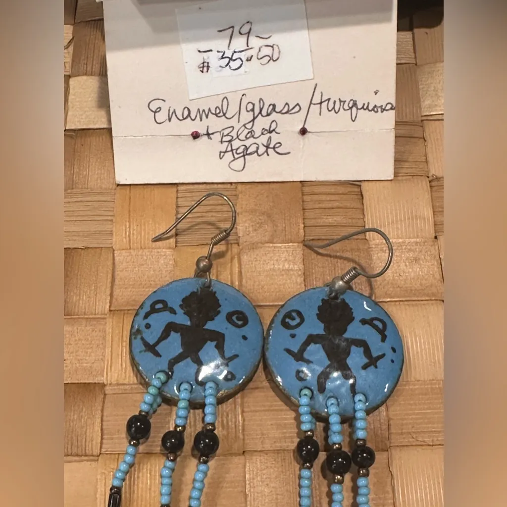 824. Enamel glass Turquoise & Black Agate Silver earrings Handmade on Maui - Image 3