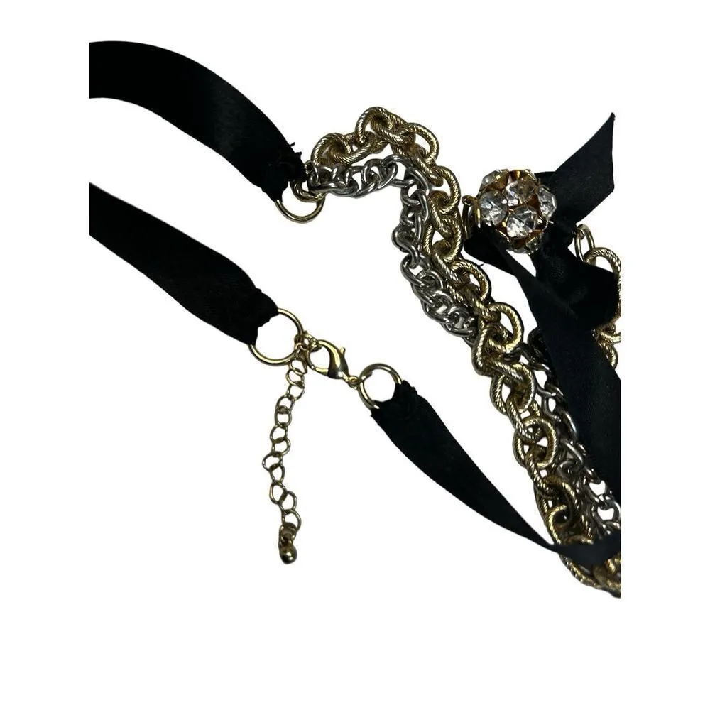 Chunky gold and layered silver chain necklace with black bow and ribbon neckline - Image 7