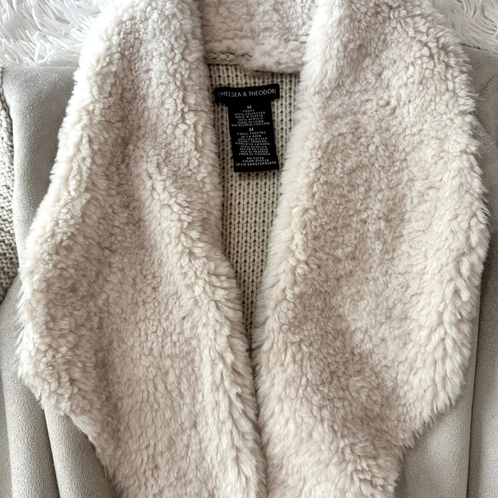 Chelsea & Theodore Oyster Faux Suede Sherpa Open Front Cardigan Sweater M Tan Size M - Image 11